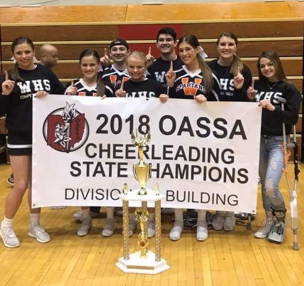 cheerleading team holding a banner